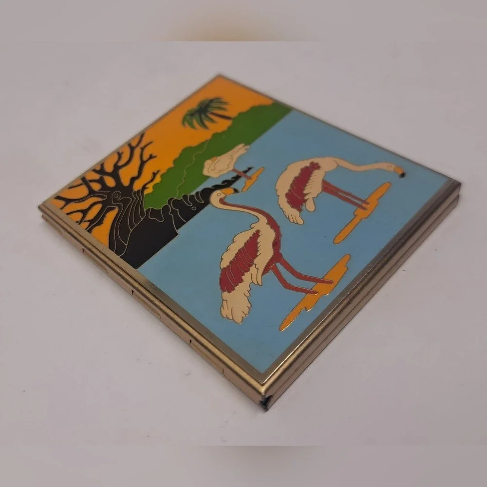 Vintage 80s 90s Enamel Makeup Pocket Vanity Mirror Birds Flamingo Tropical Art